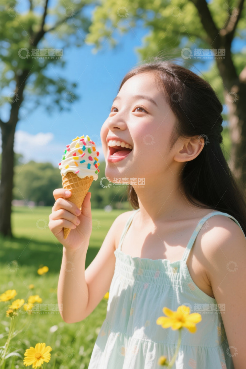 高清大图下载【趣麦麦图】户外女孩手持冰淇淋笑容灿烂