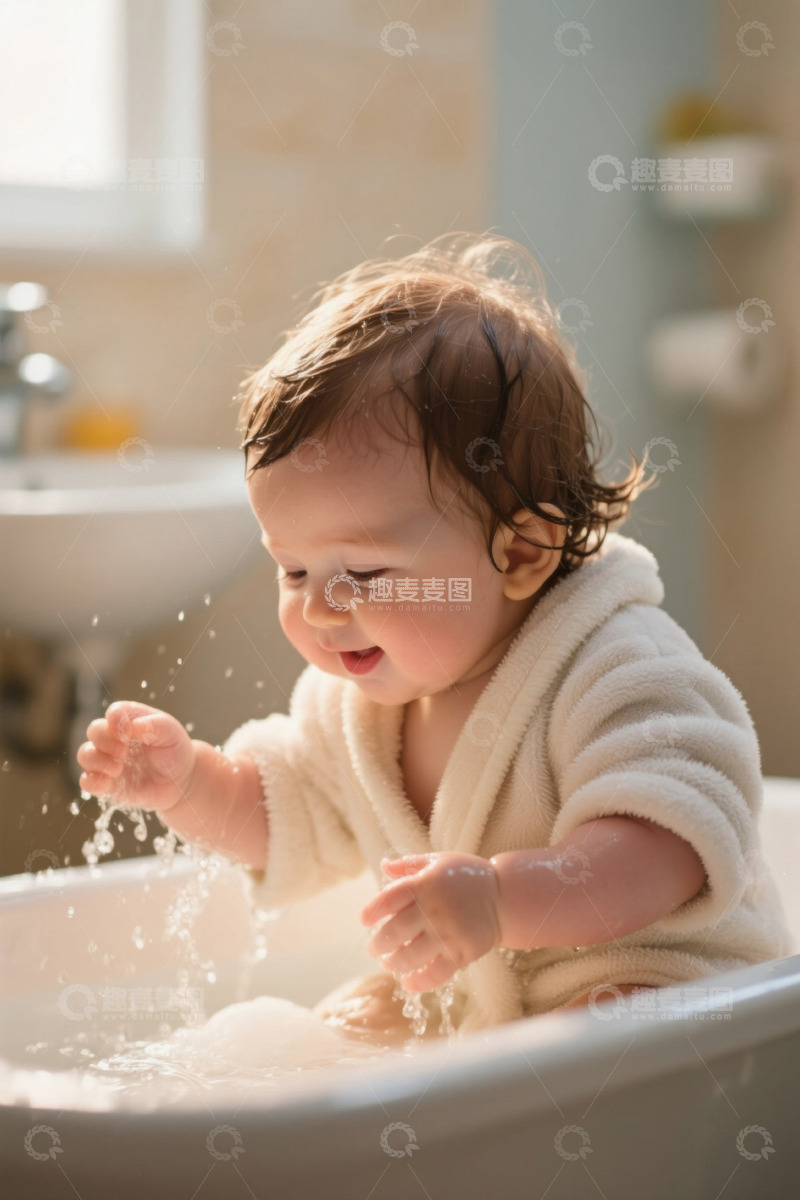 高清大图下载【趣麦麦图】婴儿穿着浴袍在浴缸玩水