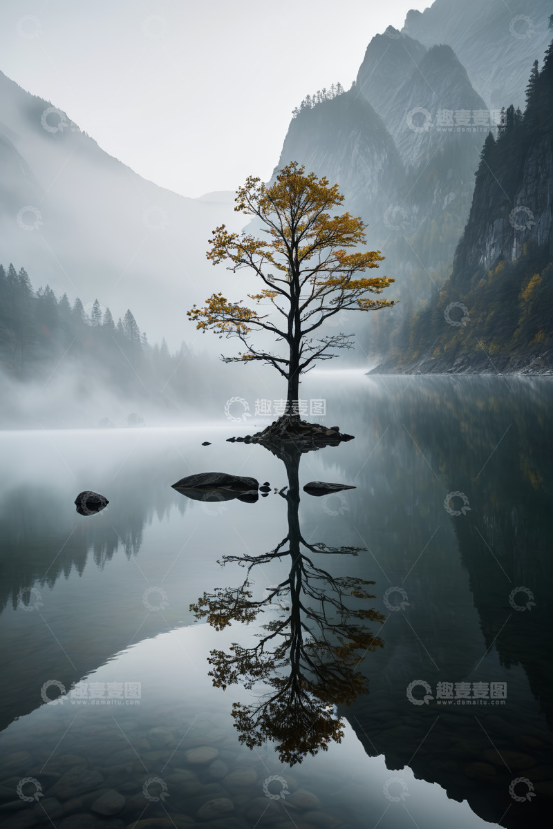 高清大图下载【趣麦麦图】湖心孤树山水自然风光