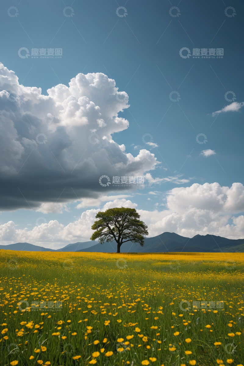 高清大图下载【趣麦麦图】田野中孤树与黄色花海景观