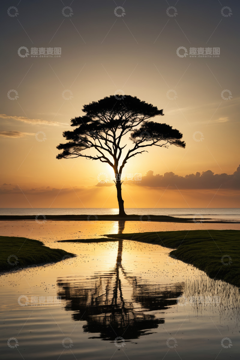 高清大图下载【趣麦麦图】夕阳下湖畔孤树景观