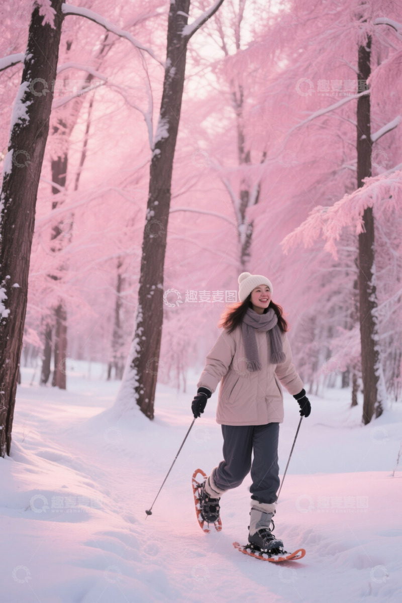 高清大图下载【趣麦麦图】女子雪地森林中踏雪行走