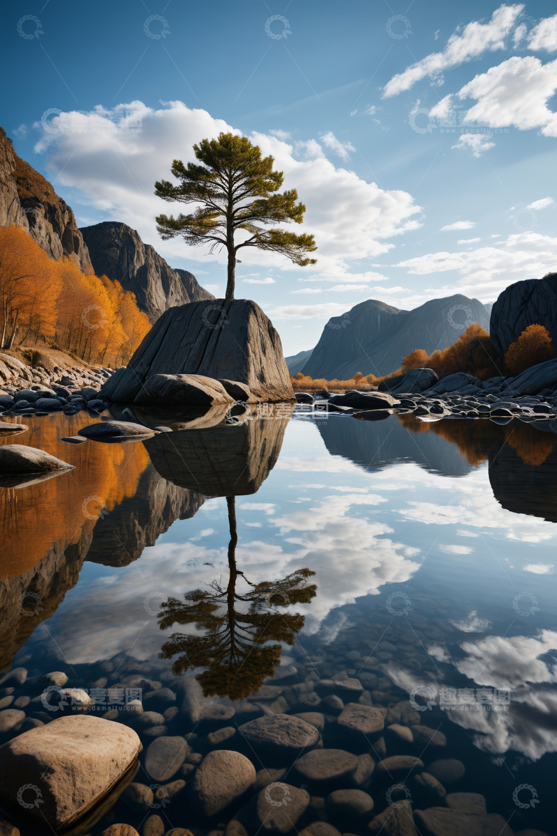 高清大图下载【趣麦麦图】山间孤树立于岩石的平静水域