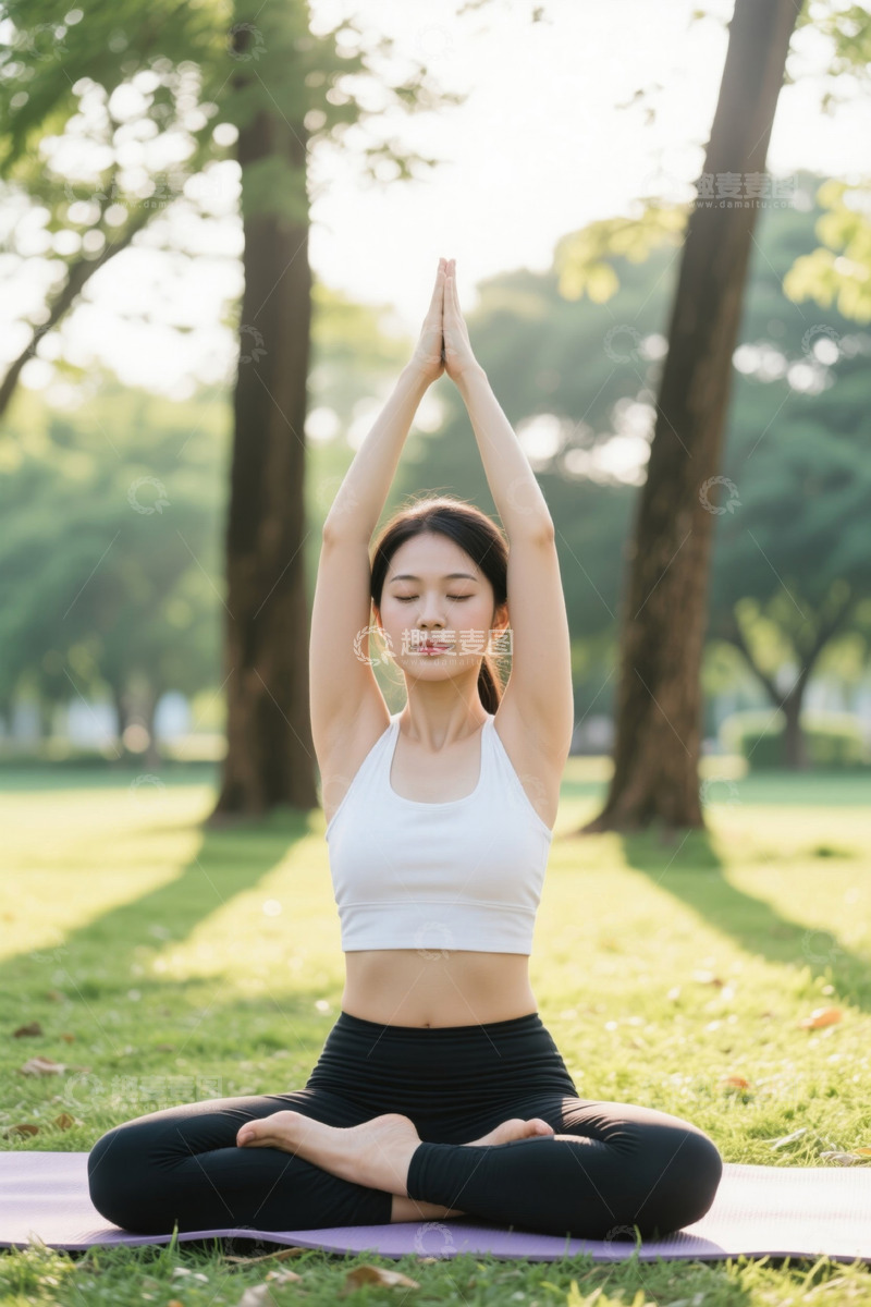 高清大图下载【趣麦麦图】女子户外草坪上做瑜伽