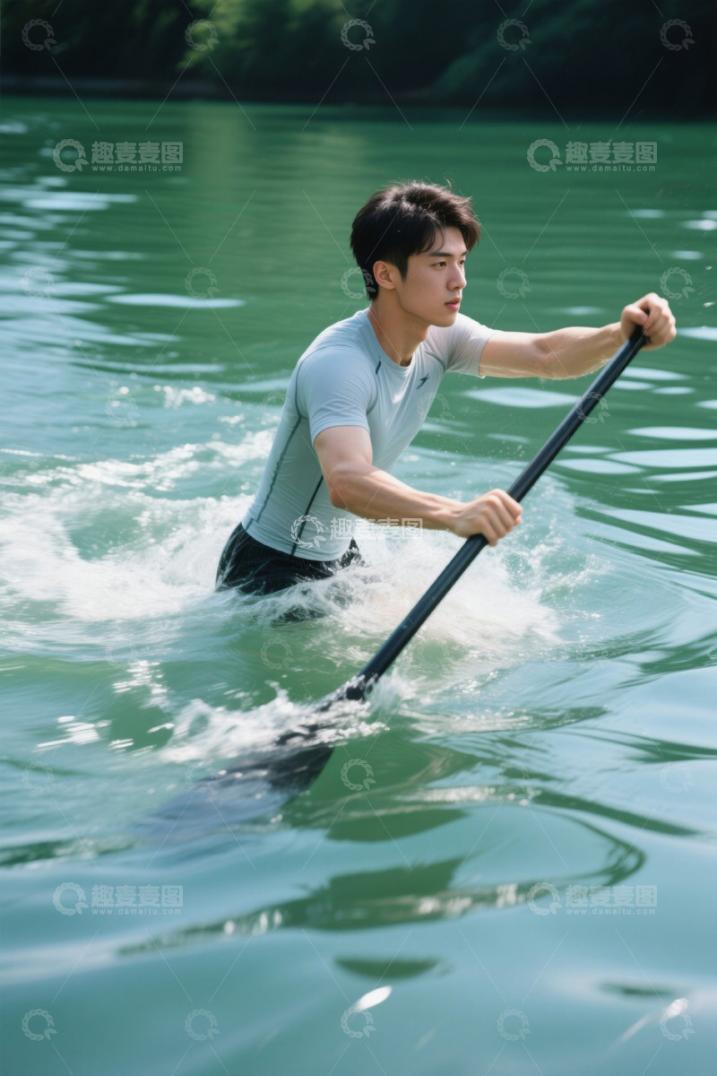 高清大图下载【趣麦麦图】男子水中持桨划行