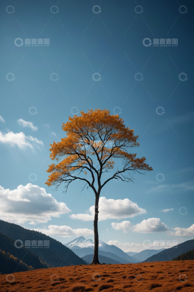 高清大图下载【趣麦麦图】原野上的孤树与远山风景