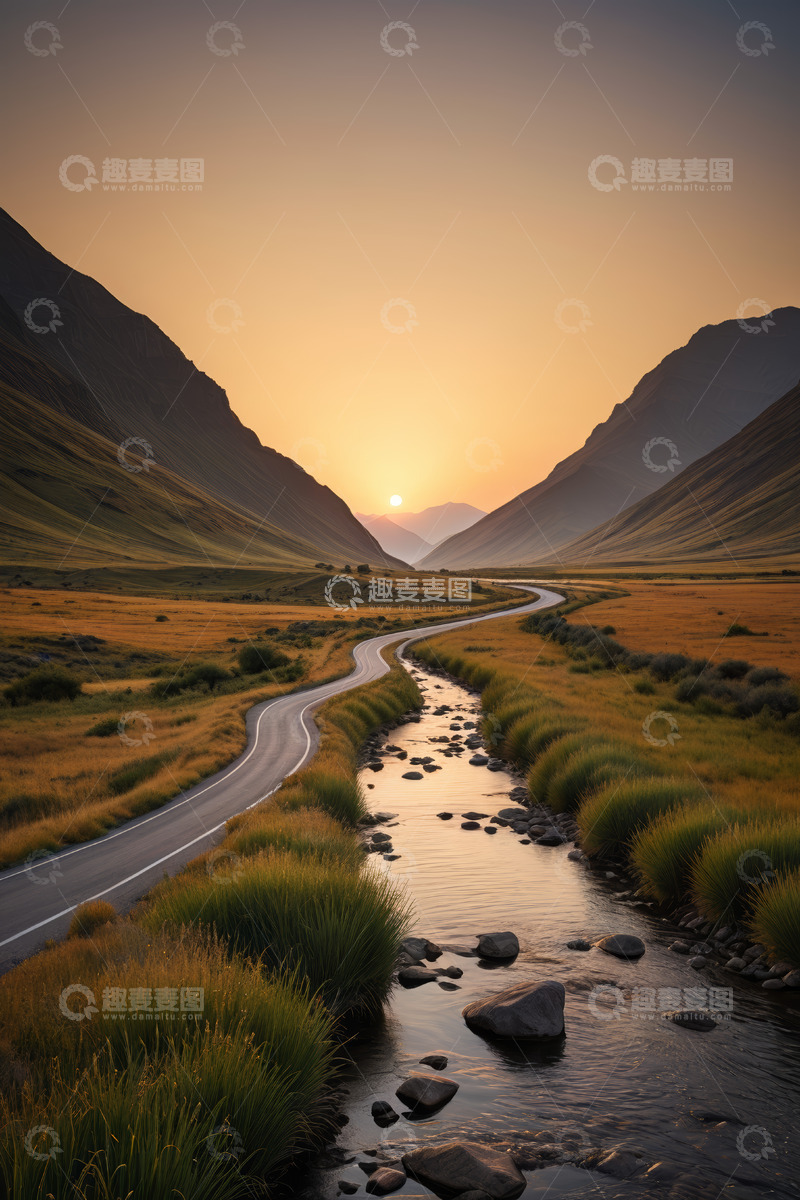 高清大图下载【趣麦麦图】山间公路日落自然风光