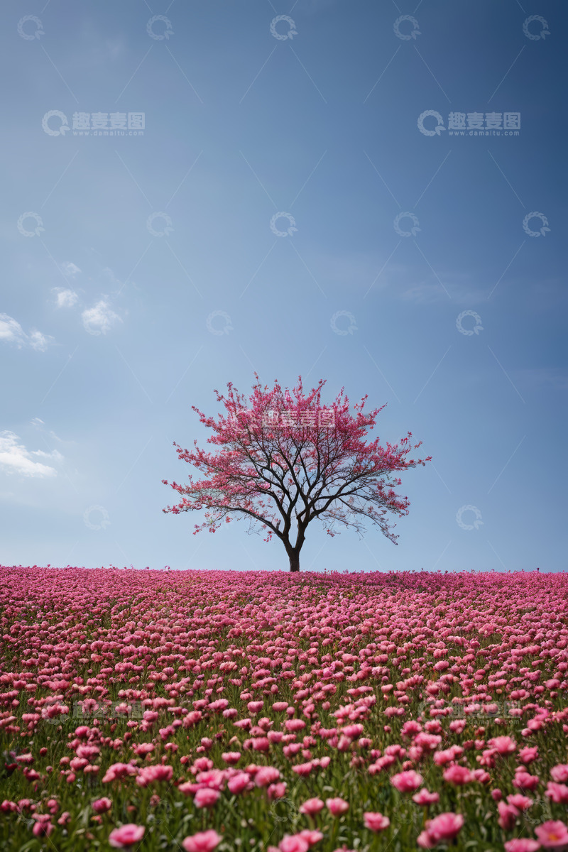 高清大图下载【趣麦麦图】粉色花海中一棵盛开的树
