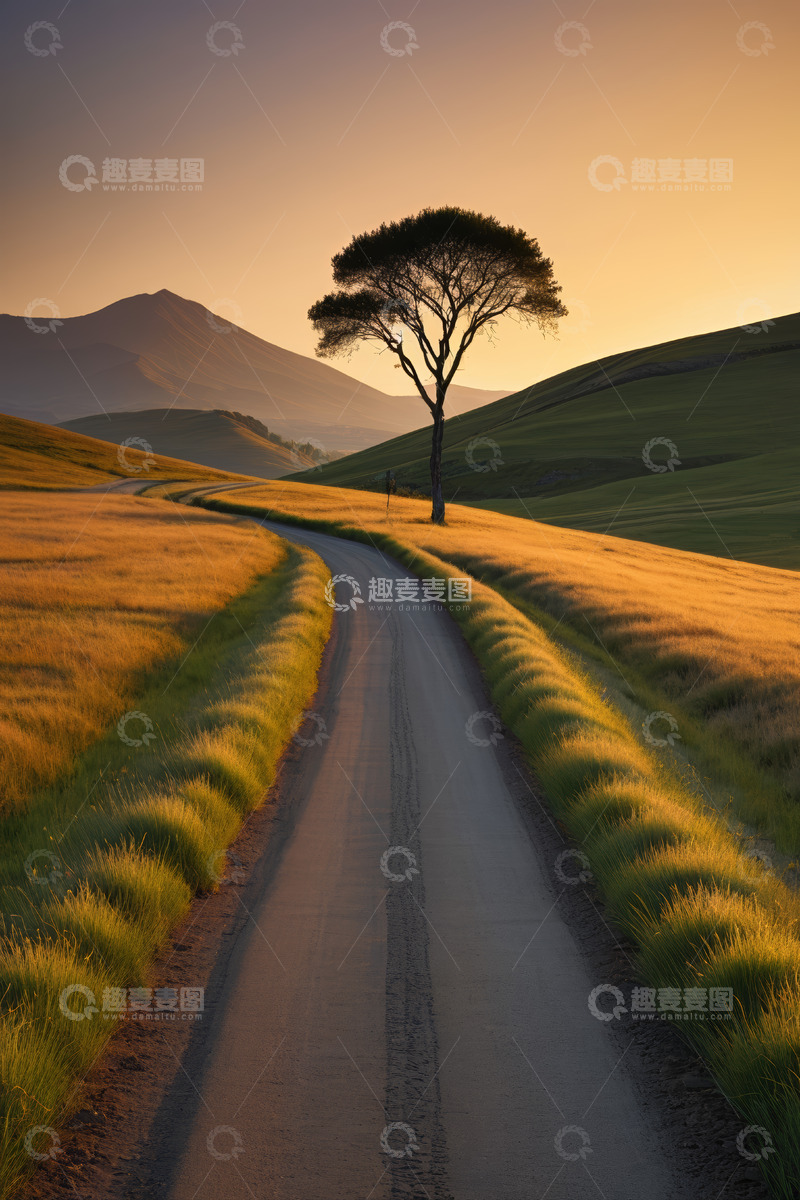 高清大图下载【趣麦麦图】田野间的蜿蜒道路与孤树