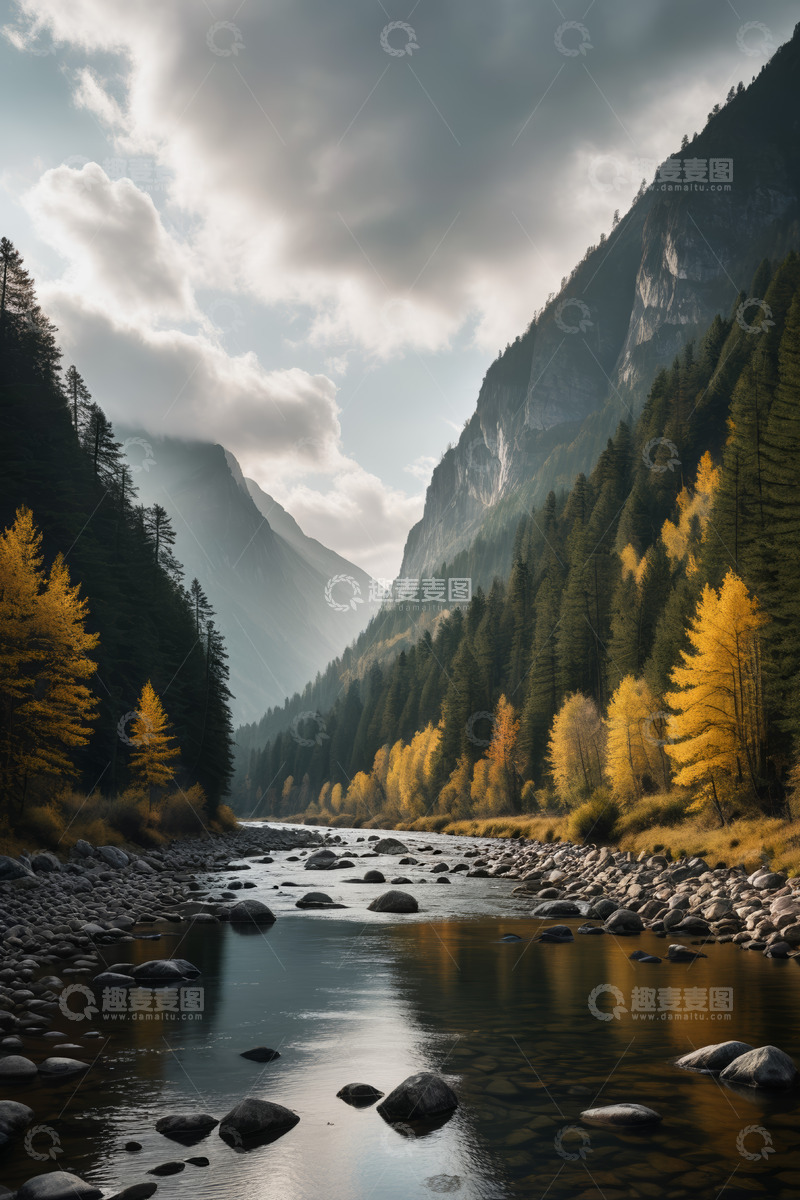 高清大图下载【趣麦麦图】山谷间河流与秋日森林景观