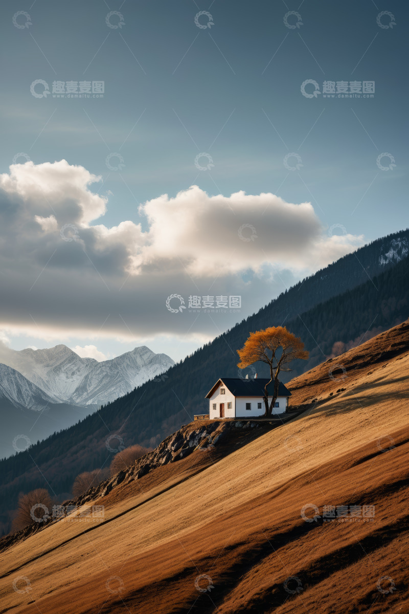 高清大图下载【趣麦麦图】山间小屋与孤树风景