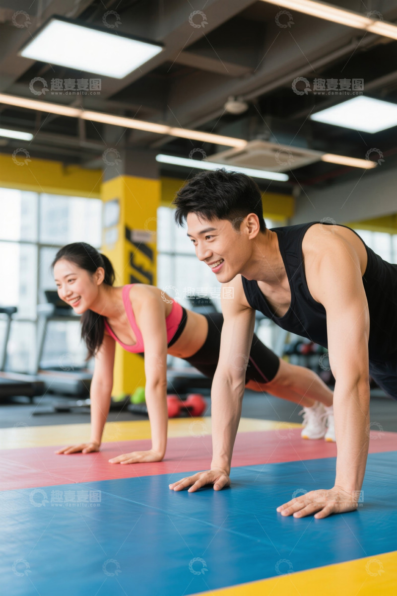 高清大图下载【趣麦麦图】健身房男女做俯卧撑健身场景