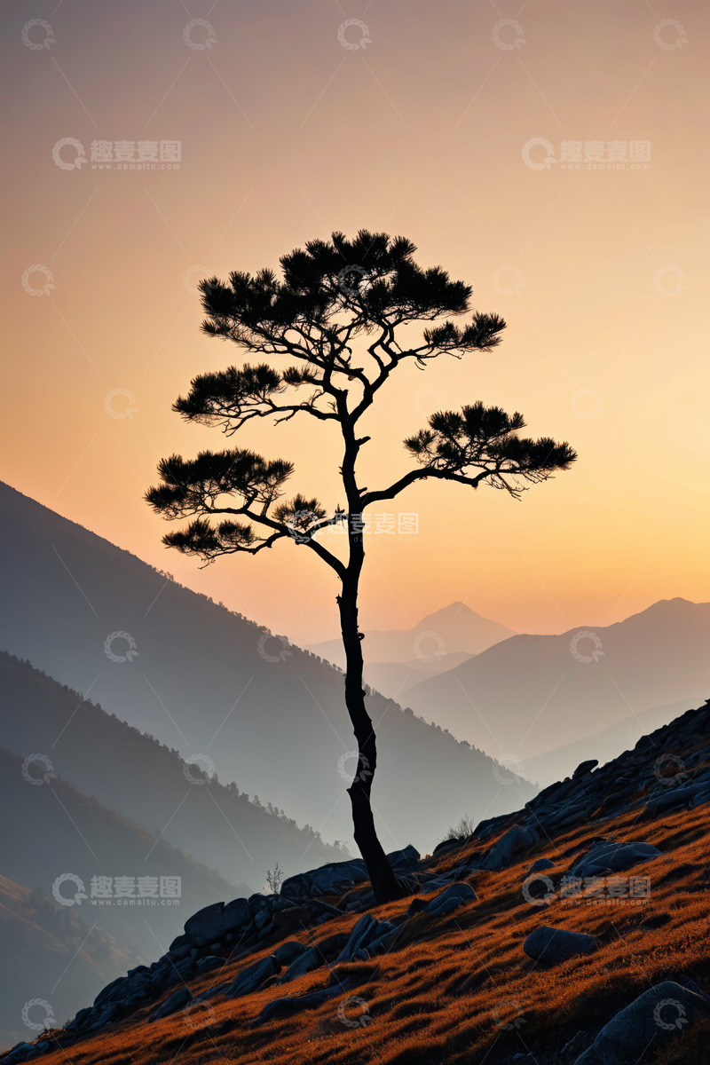 高清大图下载【趣麦麦图】山间孤树与黄昏远景