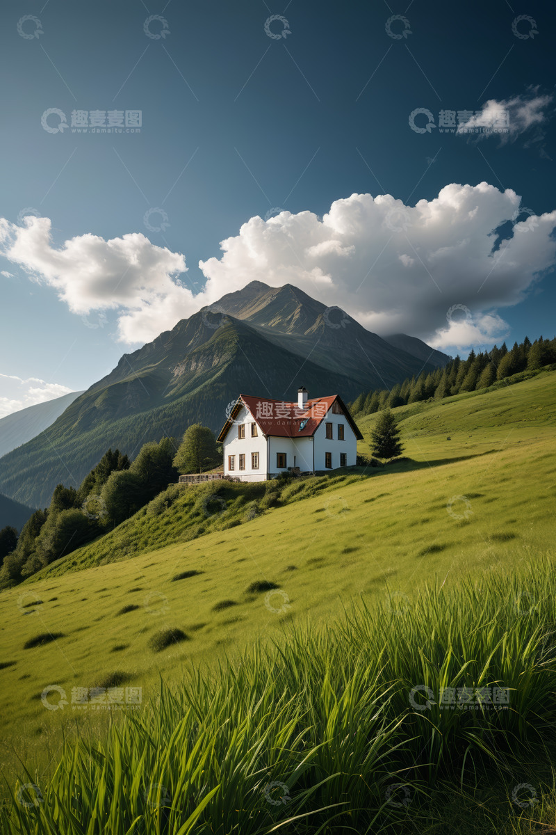高清大图下载【趣麦麦图】山间草地红顶小屋风景