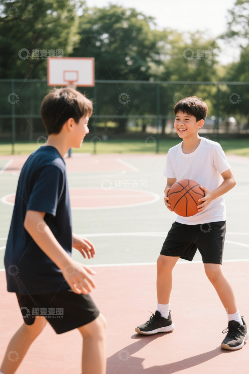 高清大图下载【趣麦麦图】户外篮球场男孩打篮球画面