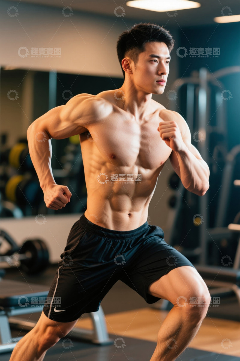 高清大图下载【趣麦麦图】健身房内男性健身者跑步姿态