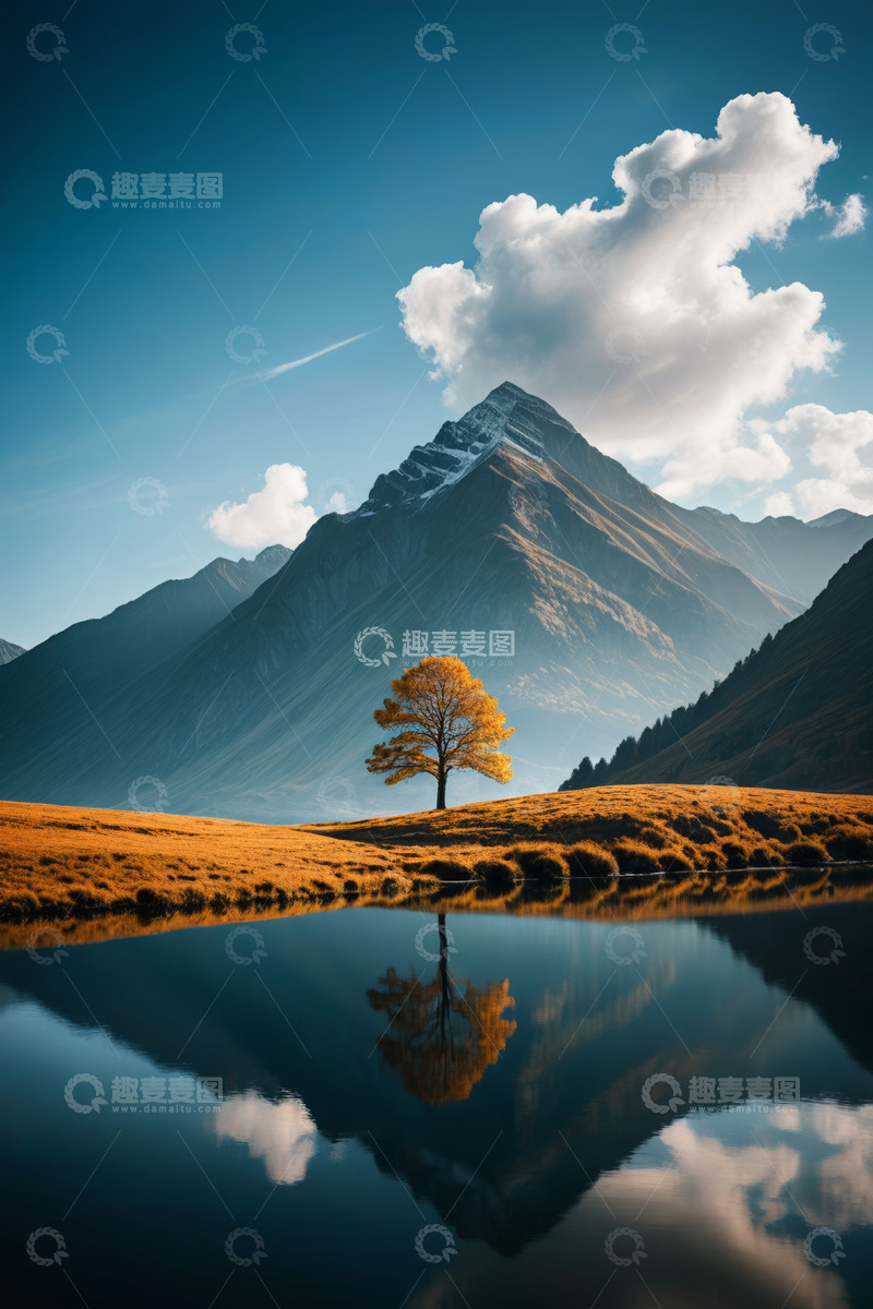 高清大图下载【趣麦麦图】湖畔孤树与远山风景