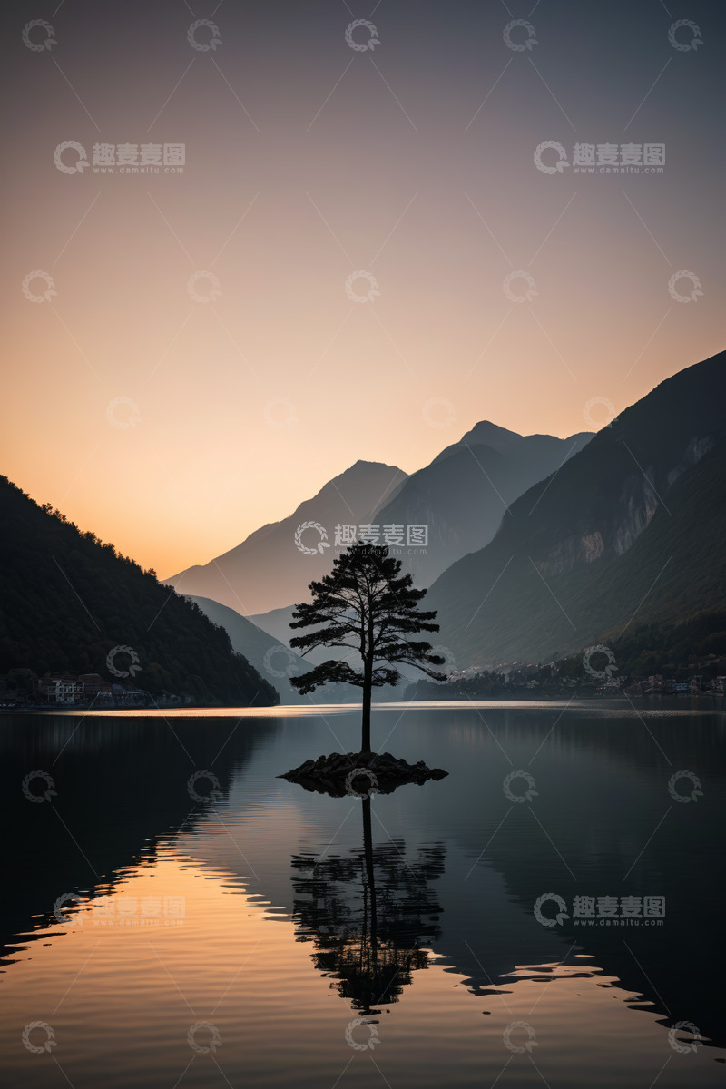 高清大图下载【趣麦麦图】湖畔孤树与远山日落景观