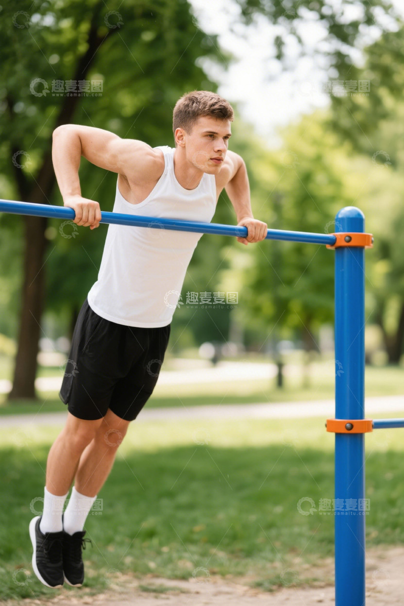 高清大图下载【趣麦麦图】男子公园户外健身做双杠臂屈伸