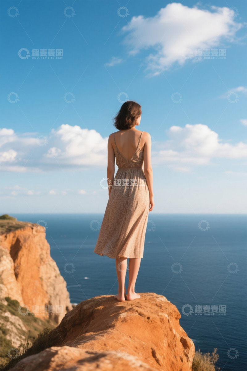 高清大图下载【趣麦麦图】女子站在悬崖边眺望海洋
