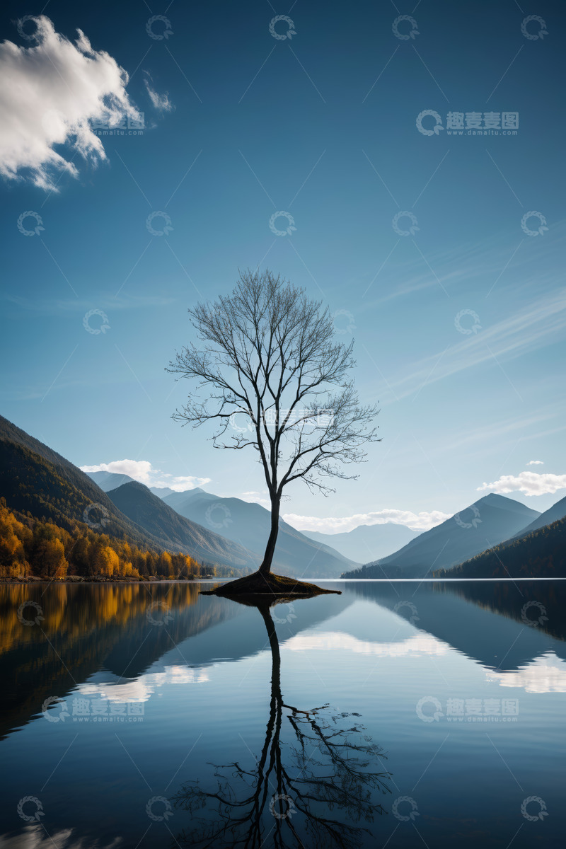 高清大图下载【趣麦麦图】湖中小岛单棵树木自然风光