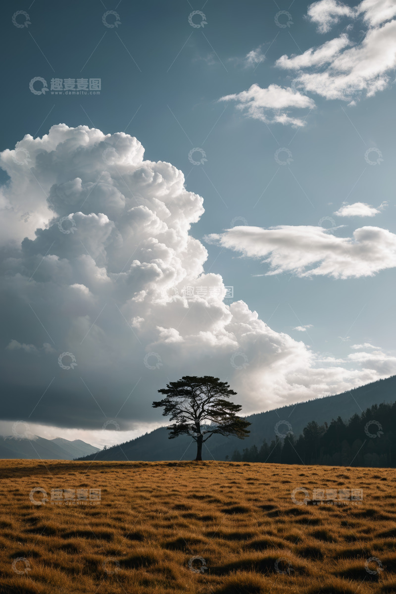 高清大图下载【趣麦麦图】旷野孤树与蓝天白云景观