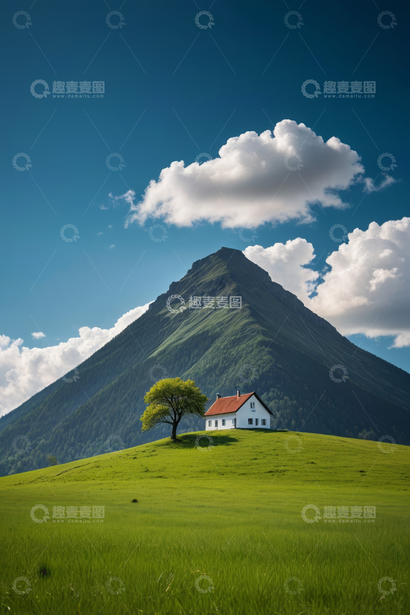 高清大图下载【趣麦麦图】青山下绿草地上的小屋风景