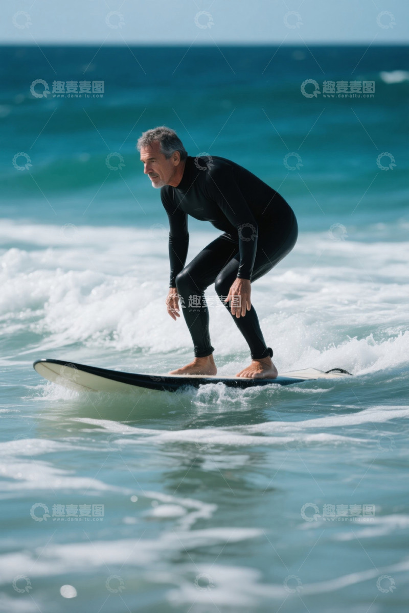高清大图下载【趣麦麦图】老年男性在海洋中冲浪