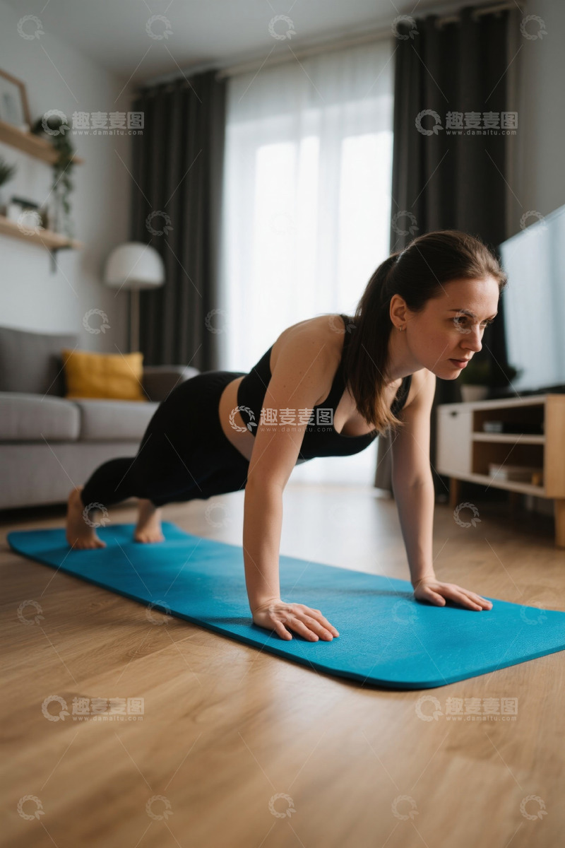 高清大图下载【趣麦麦图】女性居家做俯卧撑健身画面