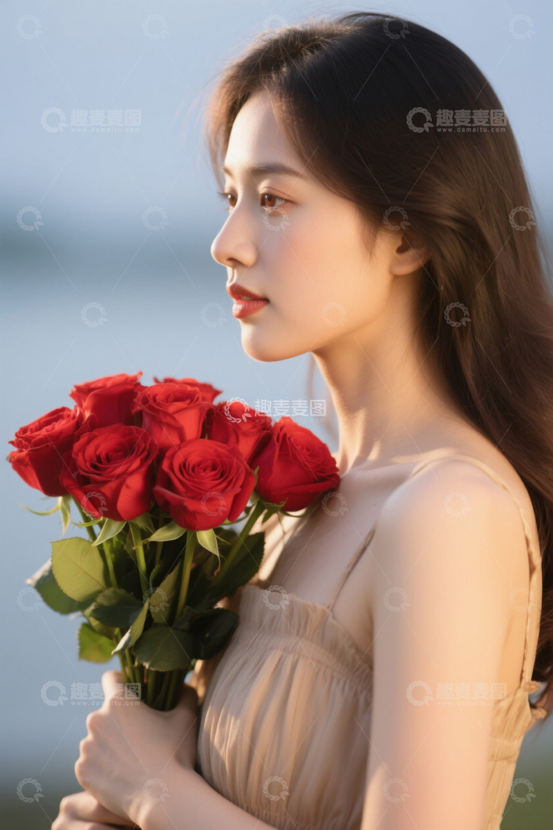 高清大图下载【趣麦麦图】手持红玫瑰的女子侧颜