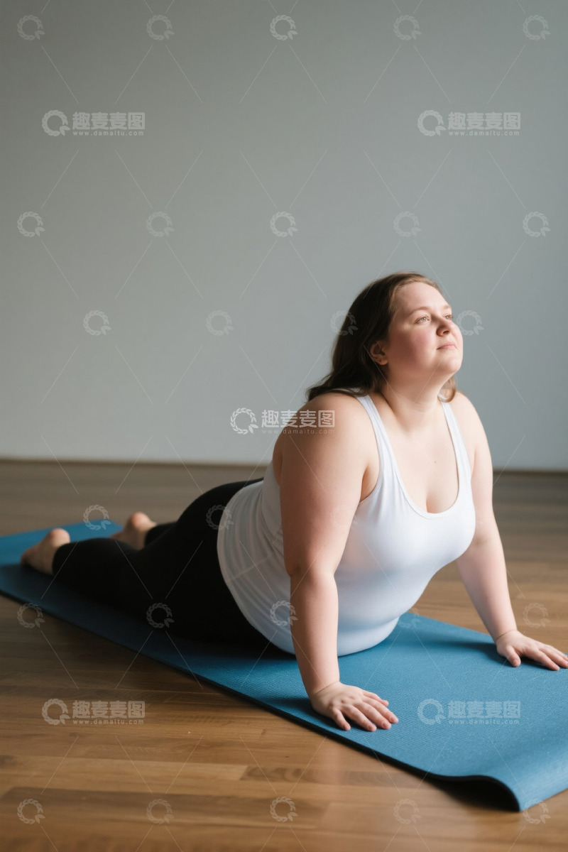 高清大图下载【趣麦麦图】肥胖女性室内做瑜伽