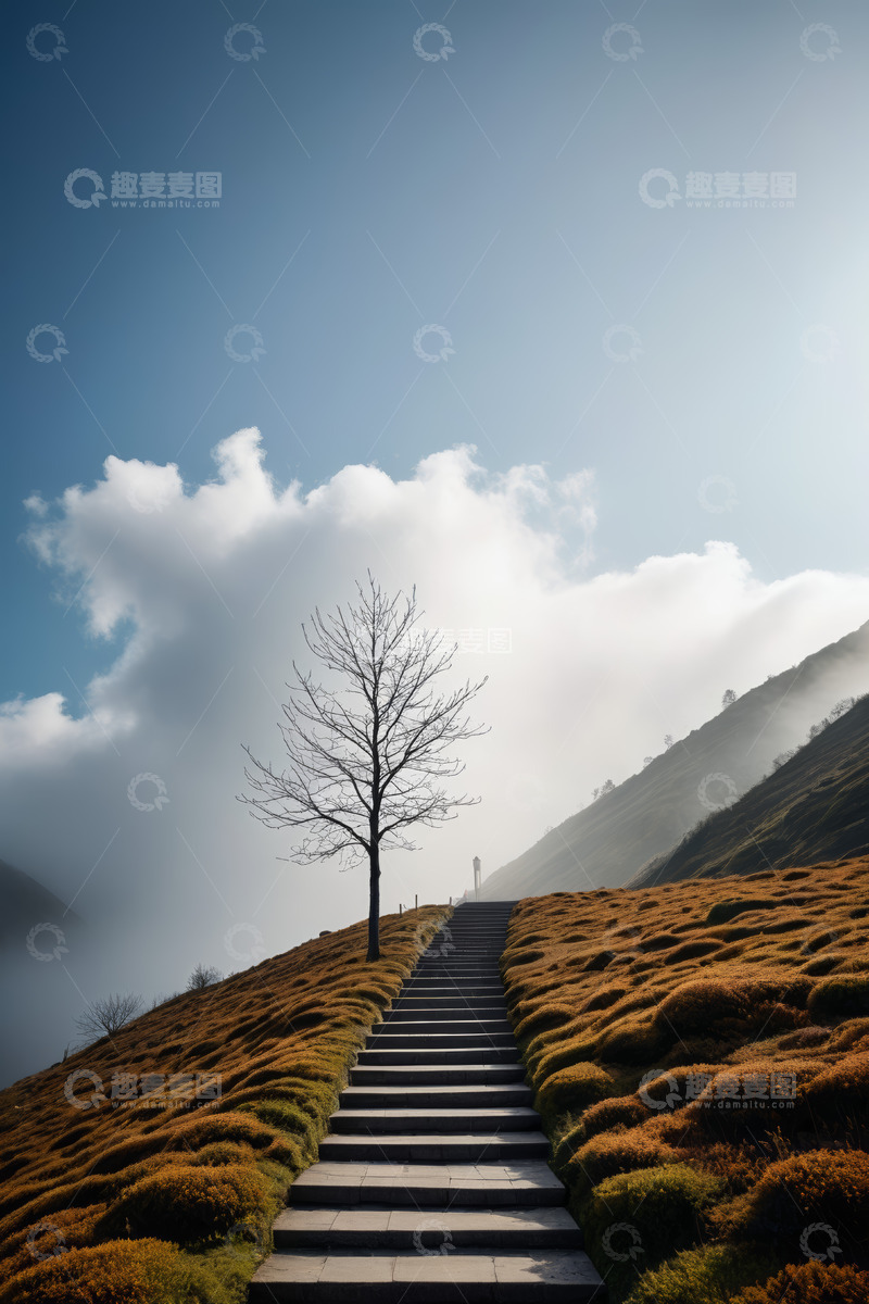 高清大图下载【趣麦麦图】山间步道与孤树风景
