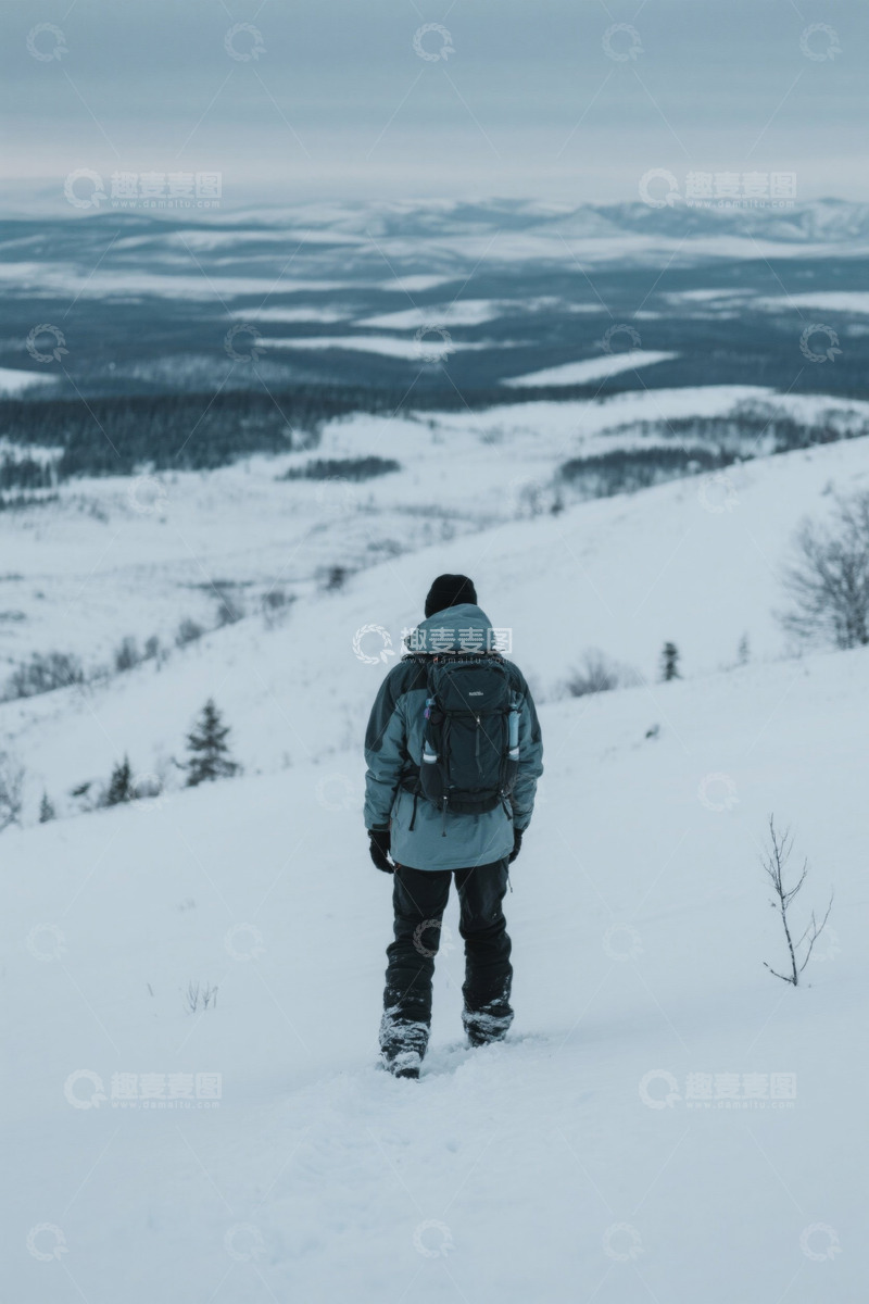 高清大图下载【趣麦麦图】雪地徒步者眺望远方雪景