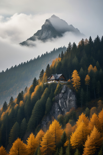 山间森林中的悬崖小屋