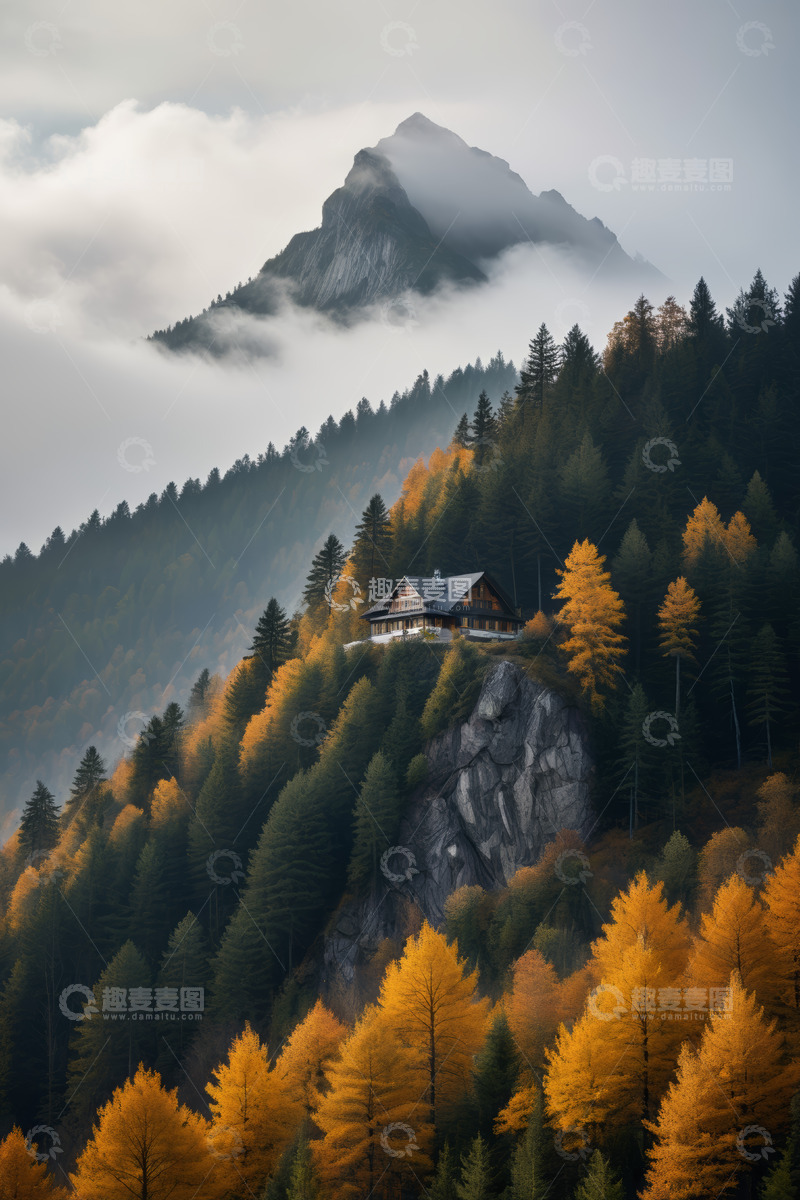 高清大图下载【趣麦麦图】山间森林中的悬崖小屋