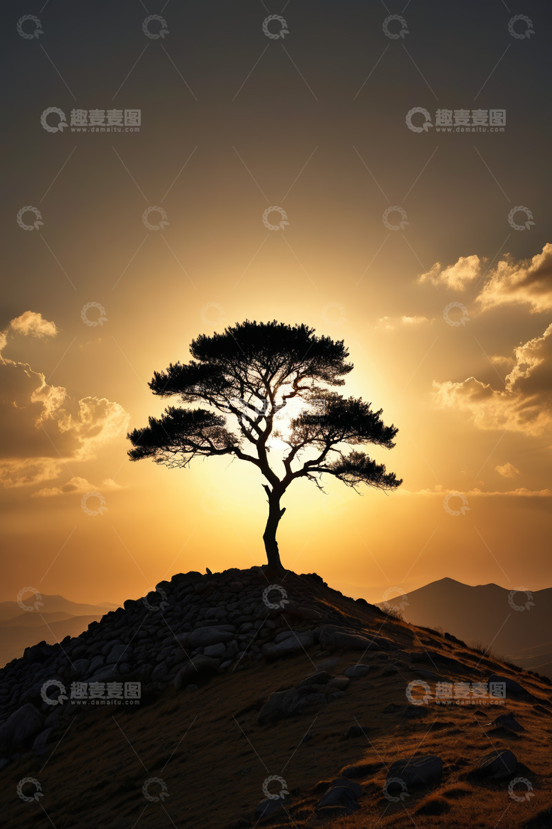 高清大图下载【趣麦麦图】山顶孤树与夕阳天空景观