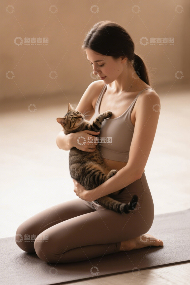 高清大图下载【趣麦麦图】女子瑜伽垫上抱猫休憩
