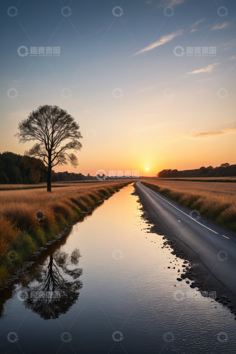 高清大图下载【趣麦麦图】公路旁树木与日落自然风光