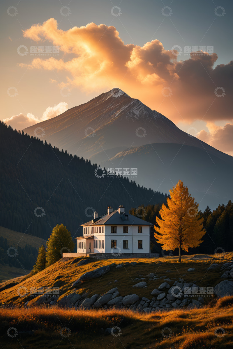 高清大图下载【趣麦麦图】山间小屋夕阳下风景