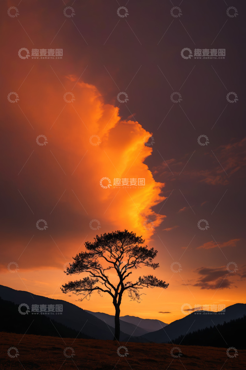 高清大图下载【趣麦麦图】夕阳下旷野中的孤独树木