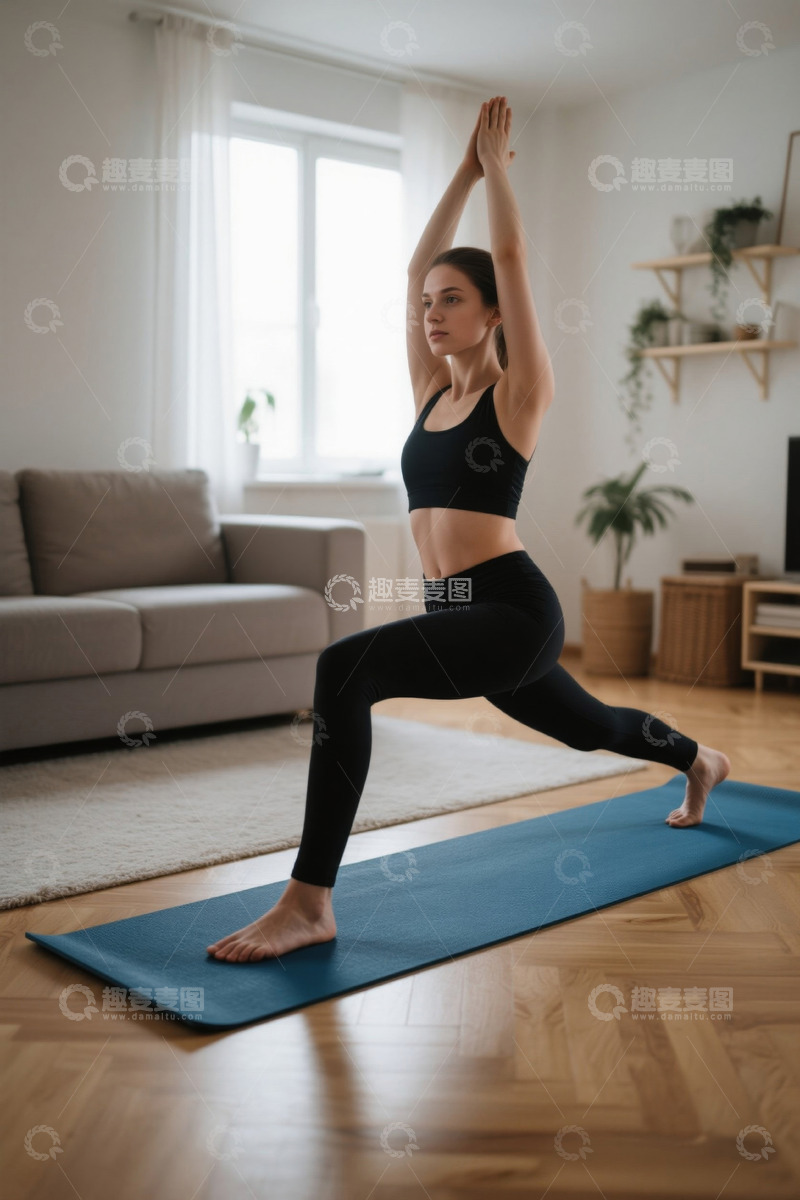 高清大图下载【趣麦麦图】居家女性做瑜伽锻炼