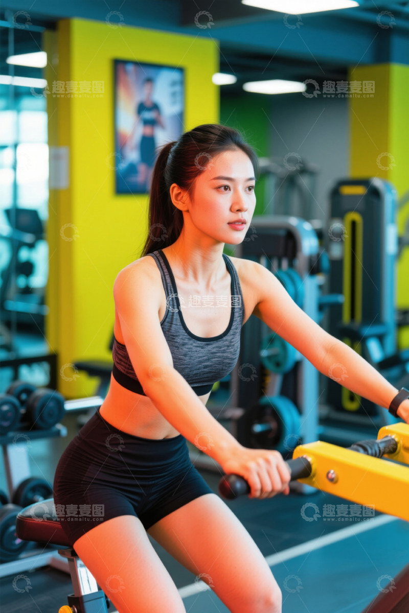 高清大图下载【趣麦麦图】女性健身房骑健身器材锻炼