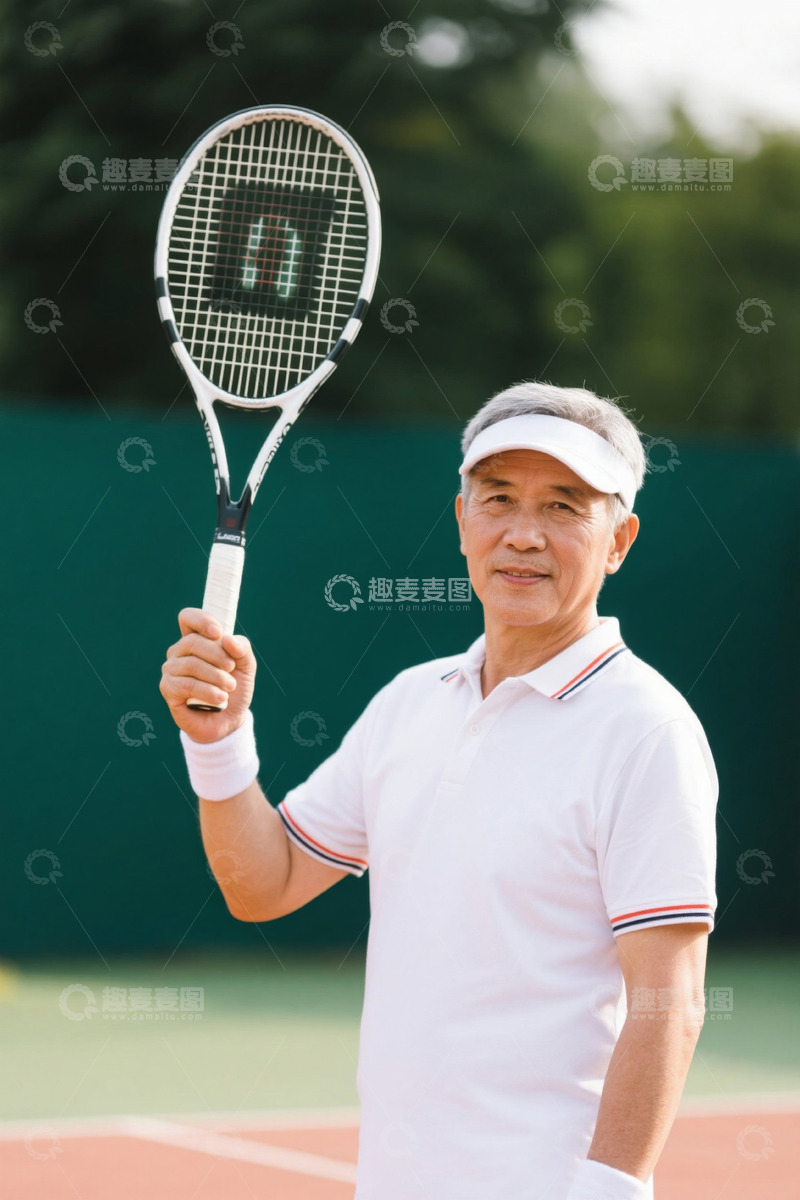 高清大图下载【趣麦麦图】老年男子户外持网球拍