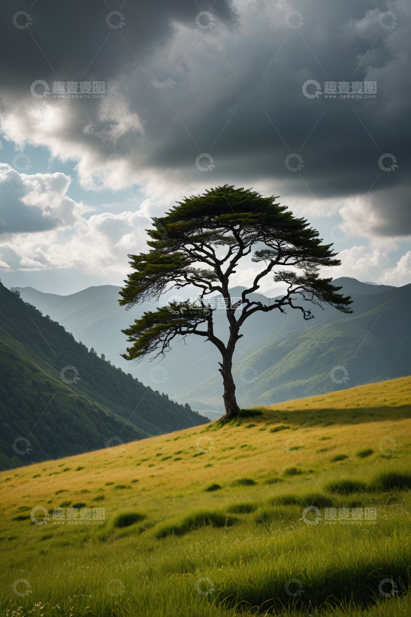 高清大图下载【趣麦麦图】山间草原上的独立树木景观