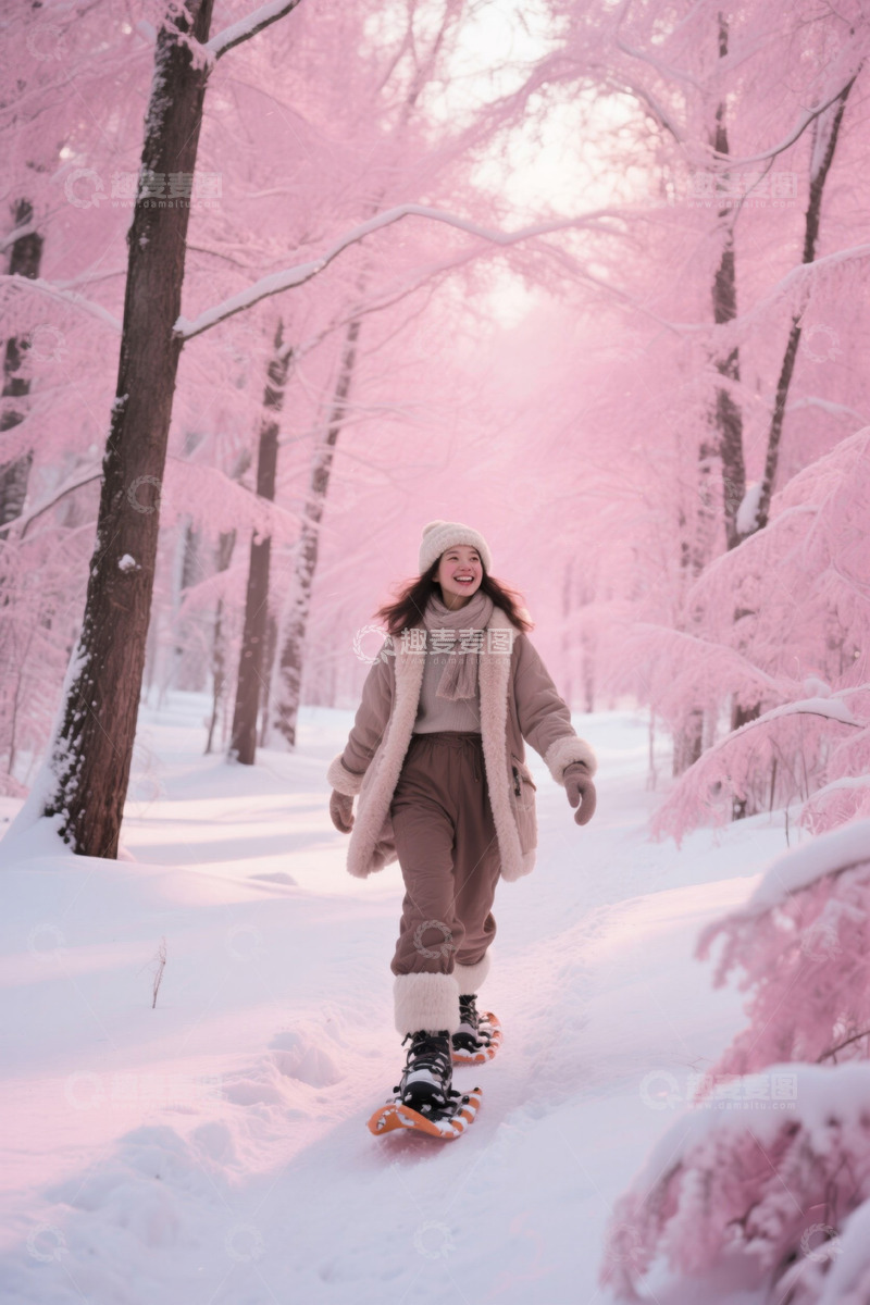 高清大图下载【趣麦麦图】女子在雪林穿着雪鞋漫步