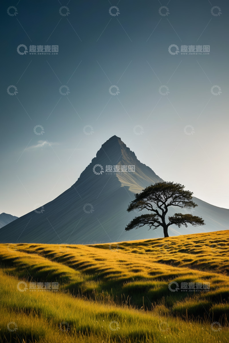 高清大图下载【趣麦麦图】草原孤树与远山风景