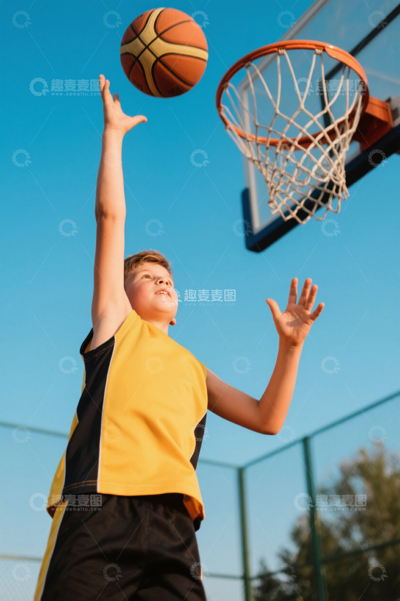 高清大图下载【趣麦麦图】少年户外篮球投篮瞬间