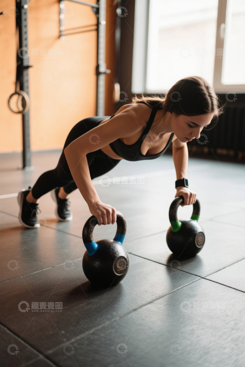 高清大图下载【趣麦麦图】女子健身房用壶铃做俯卧撑