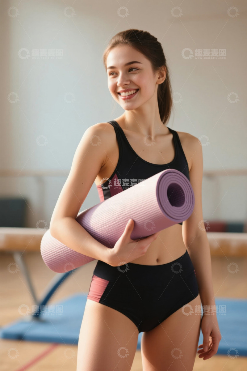 高清大图下载【趣麦麦图】女子手持瑜伽垫在健身房内