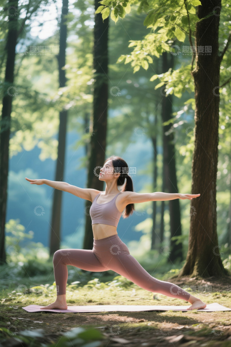 高清大图下载【趣麦麦图】户外树林中女子做瑜伽